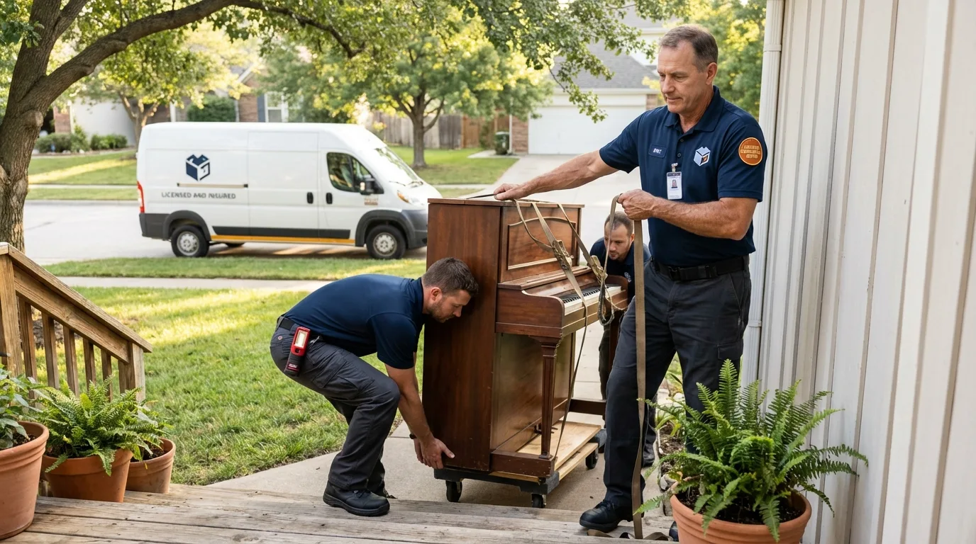 Licensed piano movers securing grand piano in Monticello, MN