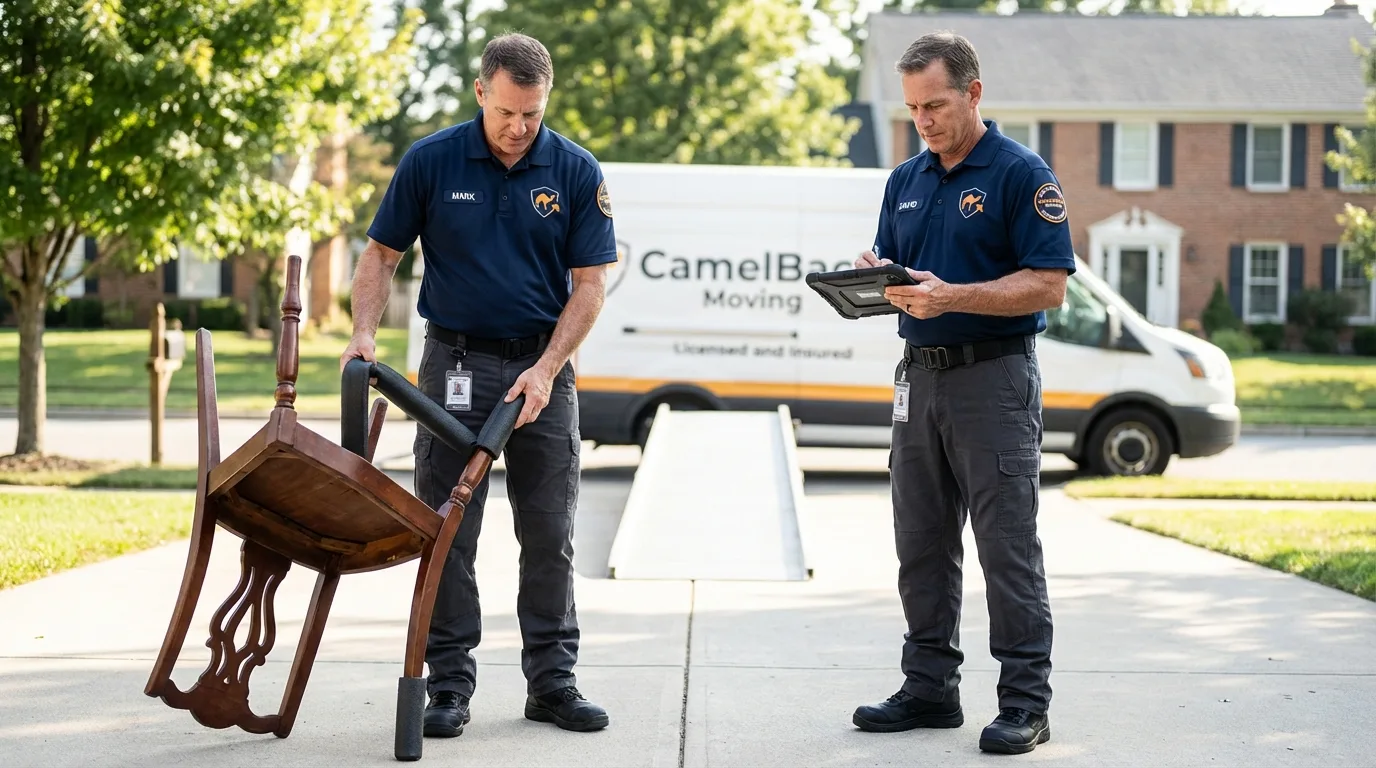 Movers inspecting furniture for damage prevention before loading in Monticello, MN